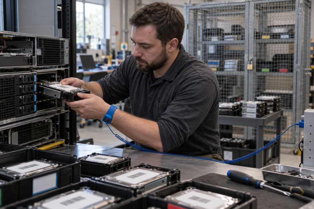 Technician removing hard drives from decommissioned rack servers at a secure IT asset disposition facility