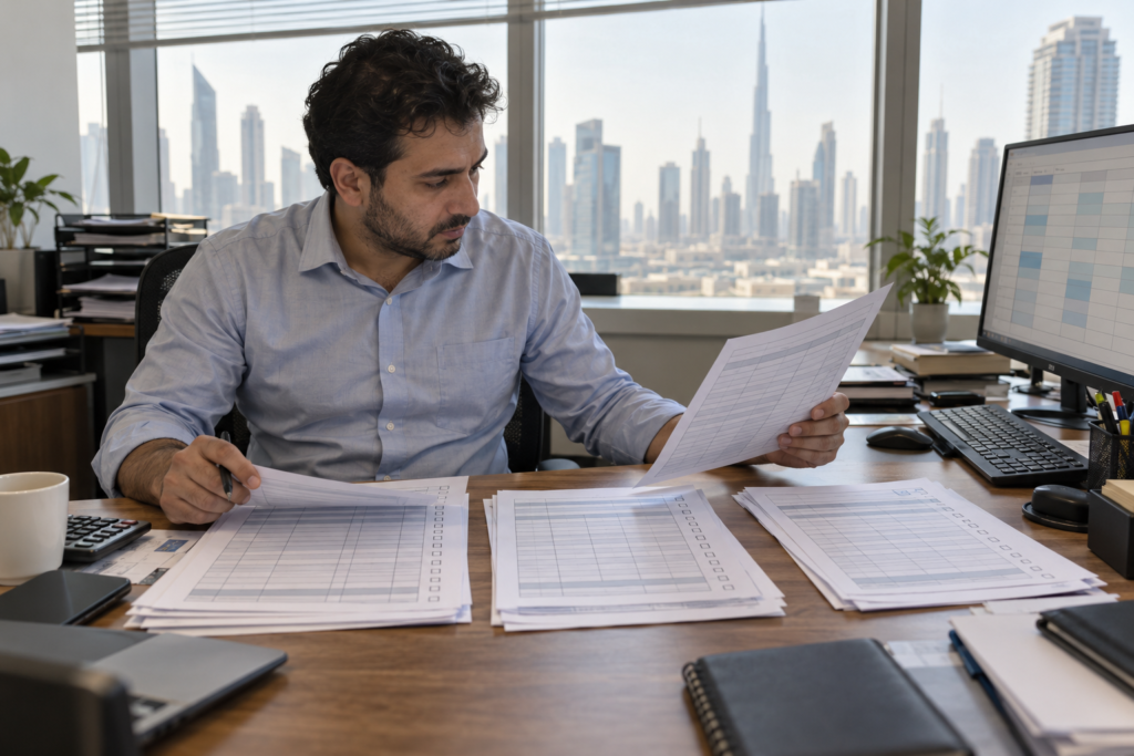 Trade compliance specialist comparing printed import documents at a desk in a Dubai office