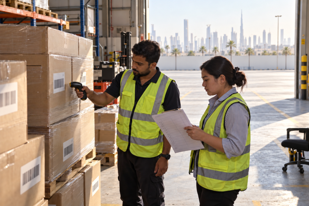 Warehouse supervisor scanning cartons of IT equipment against a delivery manifest at an arrival bay
