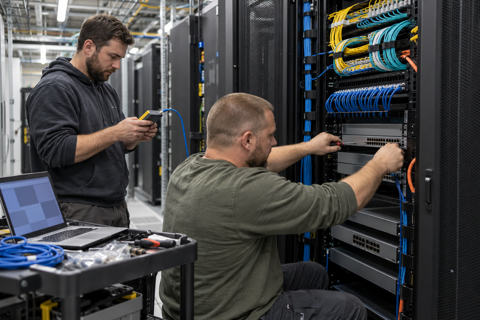 Network engineers installing switches and dressing patch cabling in a server rack